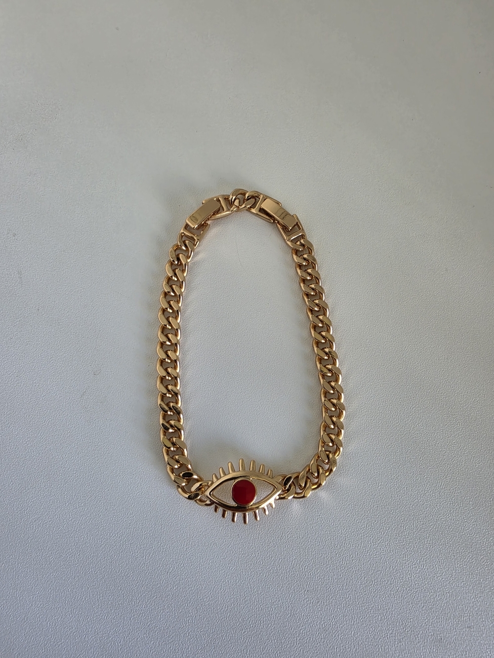 Rose Gold Plated Evil Eye Chain Bracelet Red Enamel 7" Cuban Link